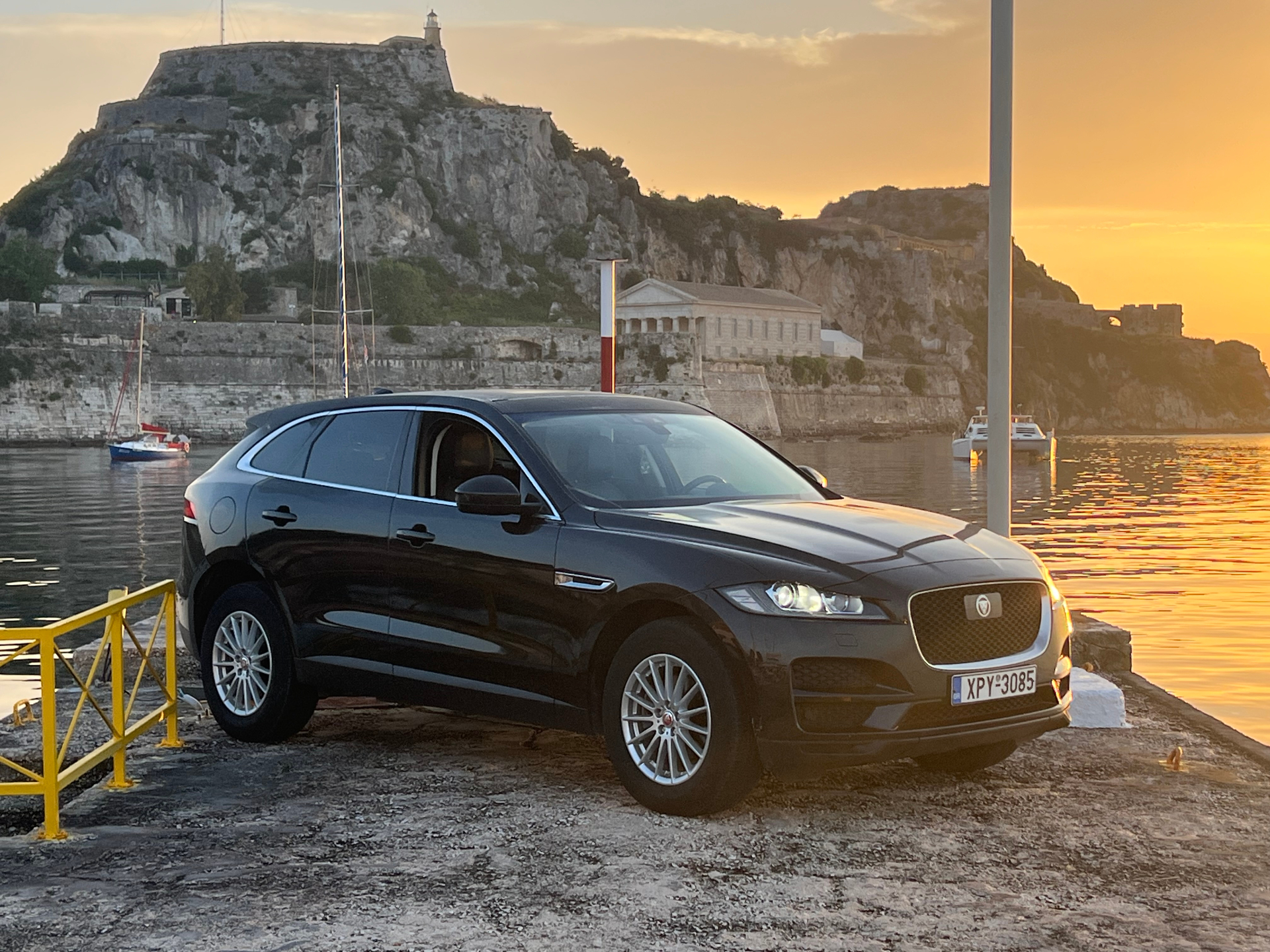 Jaguar F-Pace at sunset by Corfu Old Fortress